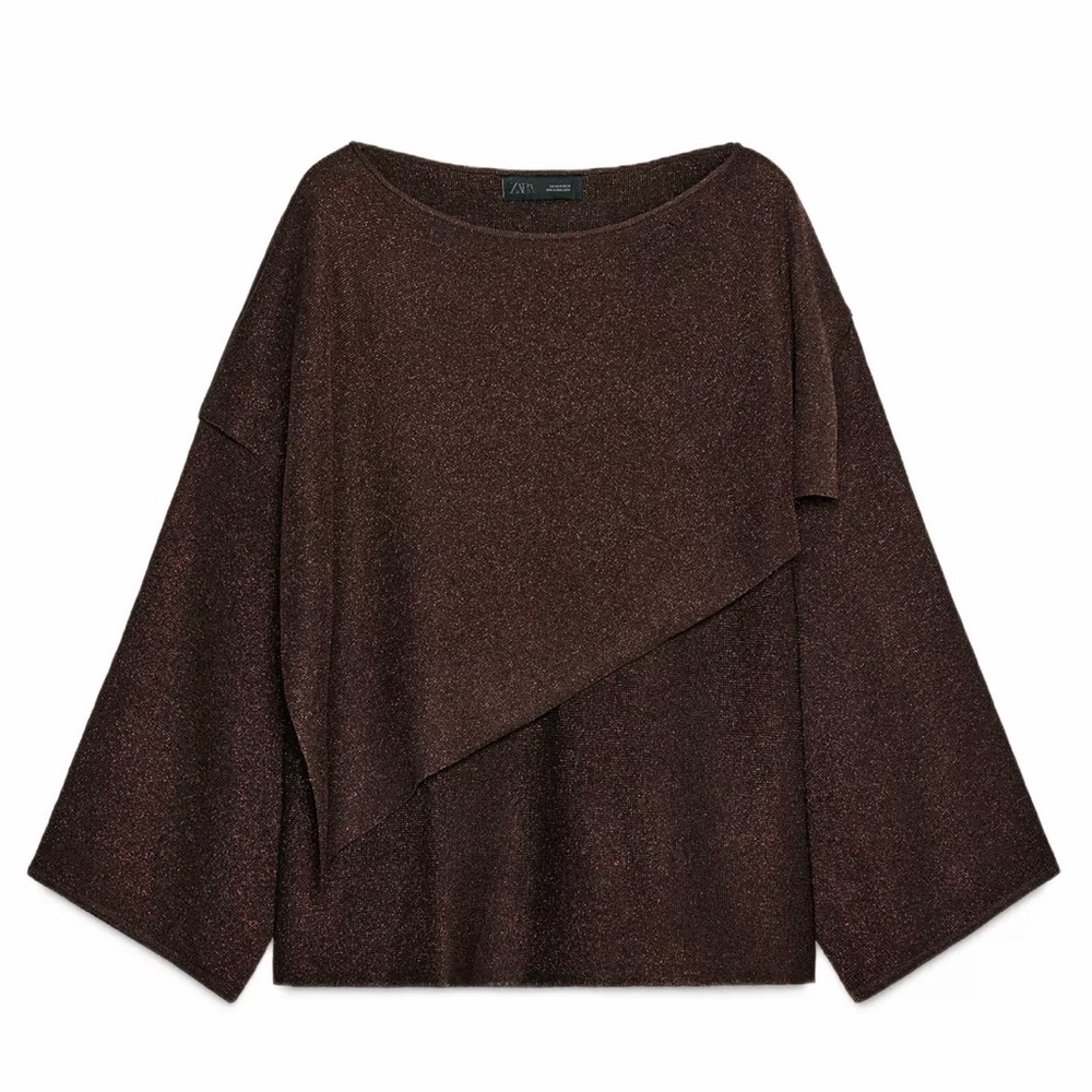 Zara Shimmery Brown Asymmetric Long Sleeve Top Metallic Thread Cape Jumper